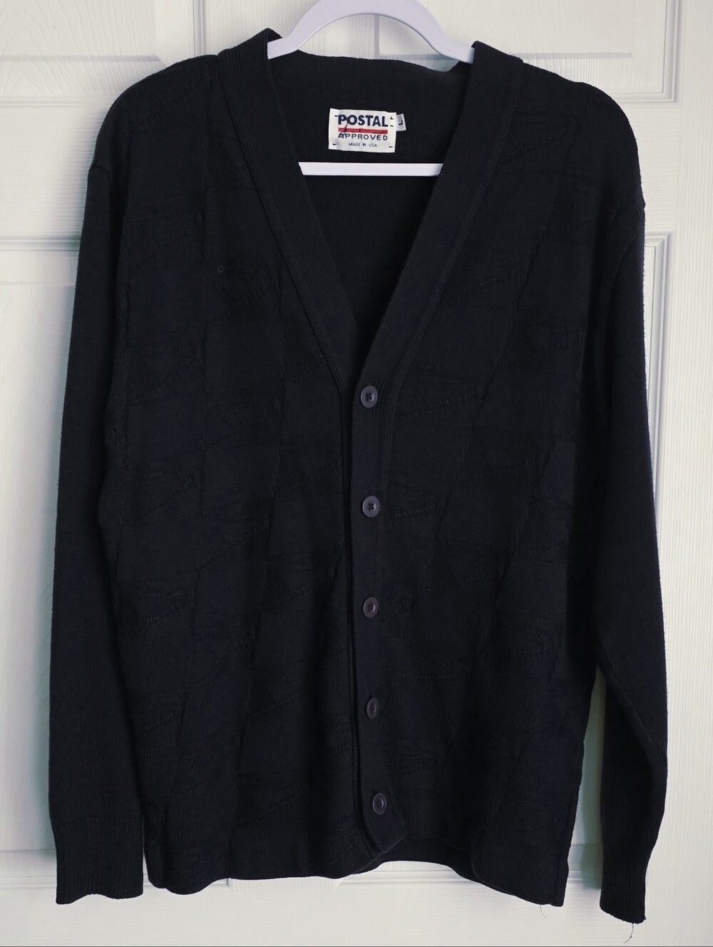 Vintage Postal Approved Navy Blue V-Neck Cardigan Sweater Size L Made in USA